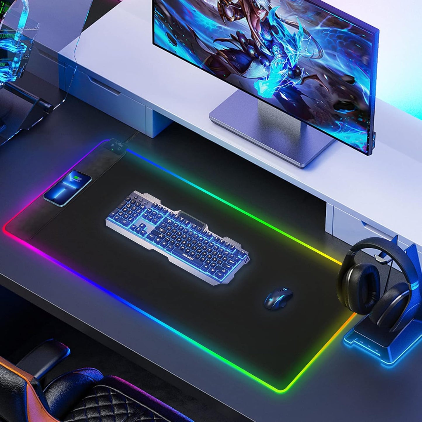 Alfombrilla de ratón gaming RGB con carga inalámbrica